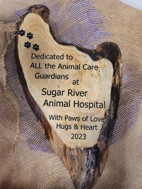 Thank you plaque from client to Sugar River Animal Hospital